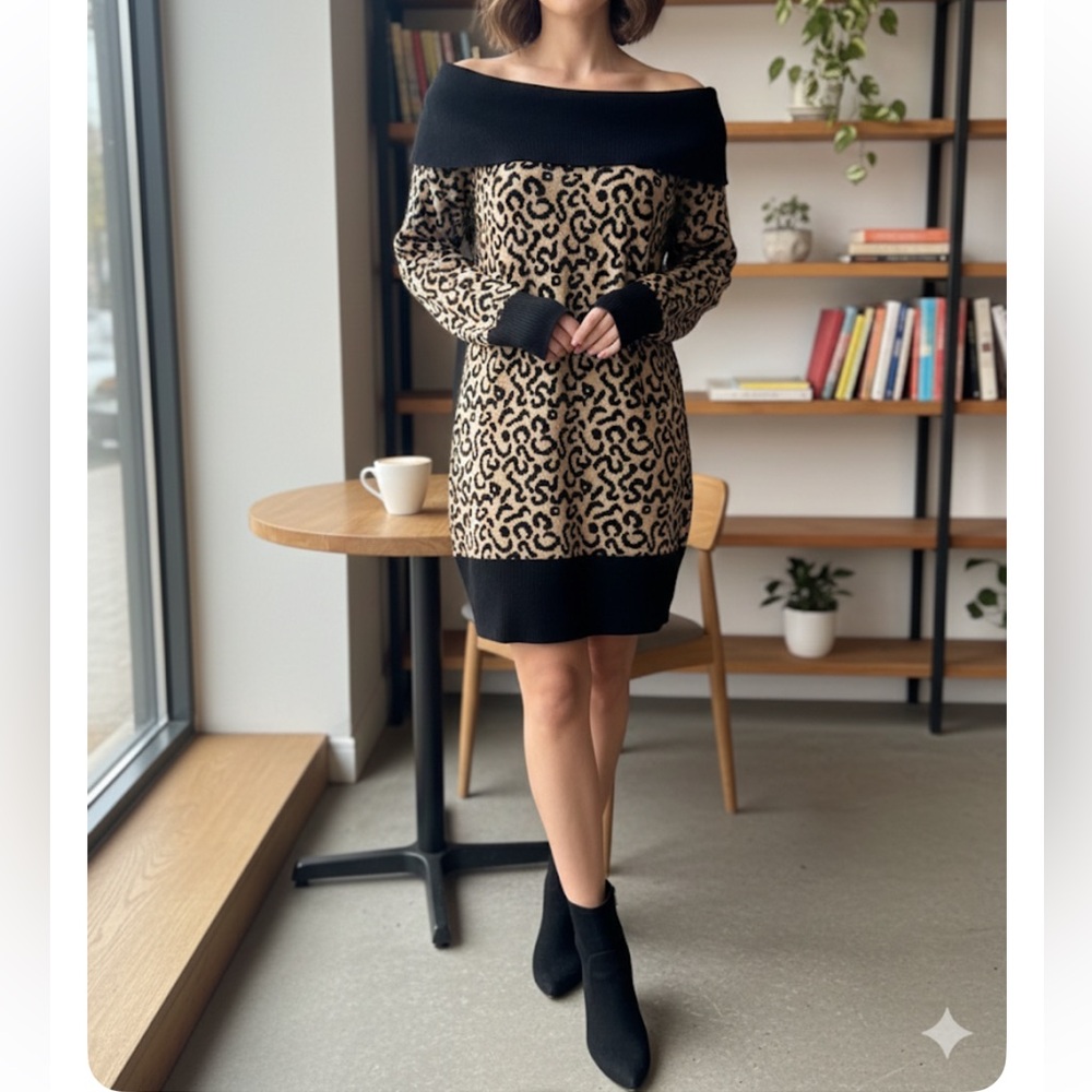 Venus Indie Black and Tan‎ Leopard Print Off shoulder Sweater Dress